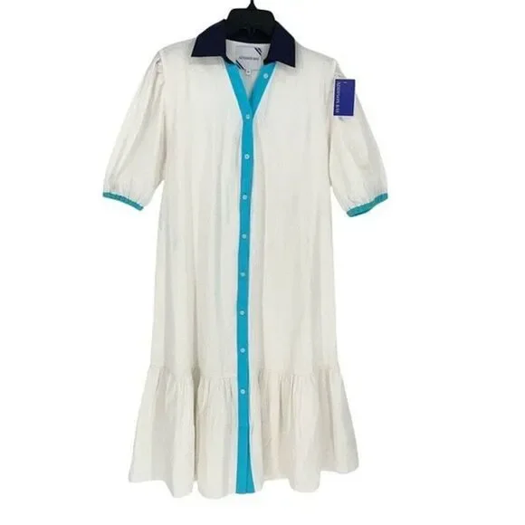 ADDISON BAY ISLE DRESS 100% Poplin Cotton White Blue Pipping Drop Waist Midi Sma - Picture 2 of 11